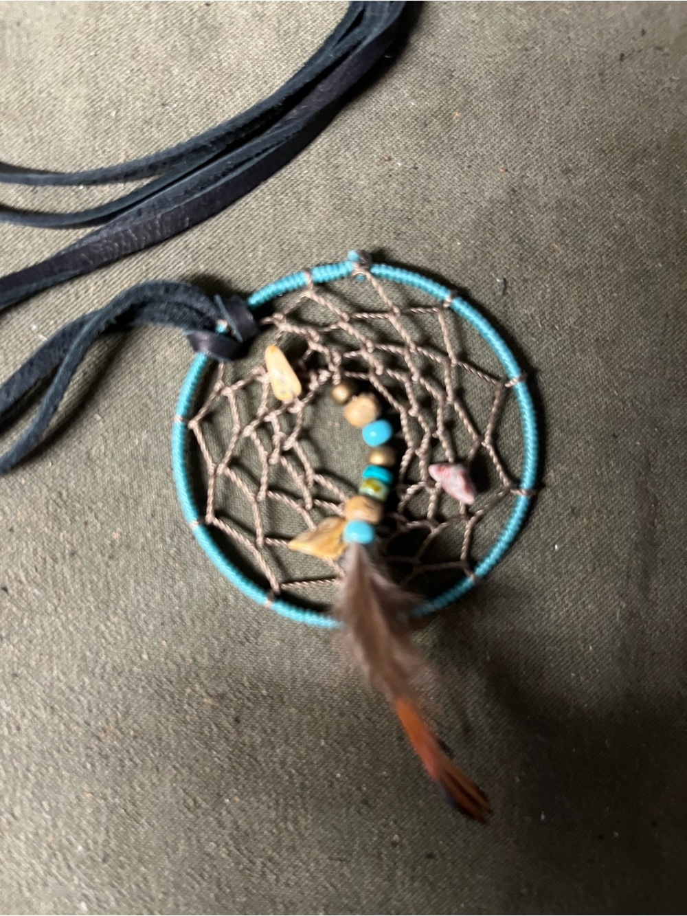 Turquoise Dreamcatcher Pendant Necklace with Beads and Feather